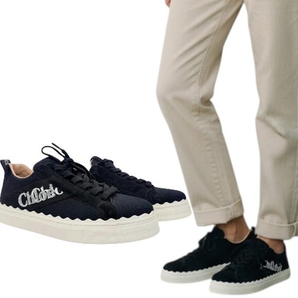 Chloe Lauren Low Top Canvas Embroidered Logo Sneakers Black Size 41